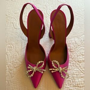 Amina Muaddi Rosie Pink Satin Sling Back Heels with Crystal Bow Size 40